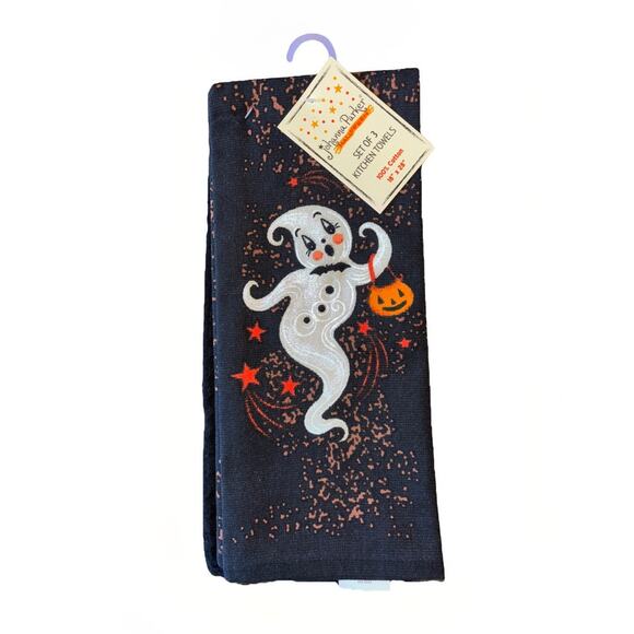 Johanna Parker Halloween Ghost Kitchen Towel Set 3 Black Orange Retro Pumpkin - Picture 1 of 3